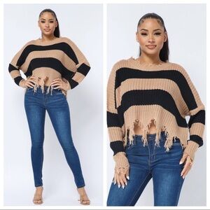 WOMEN’S MOCHA BLACK FRAYED FRINGED COLOR BLOCK CROPPED DISTRESSED SWEATER TOP